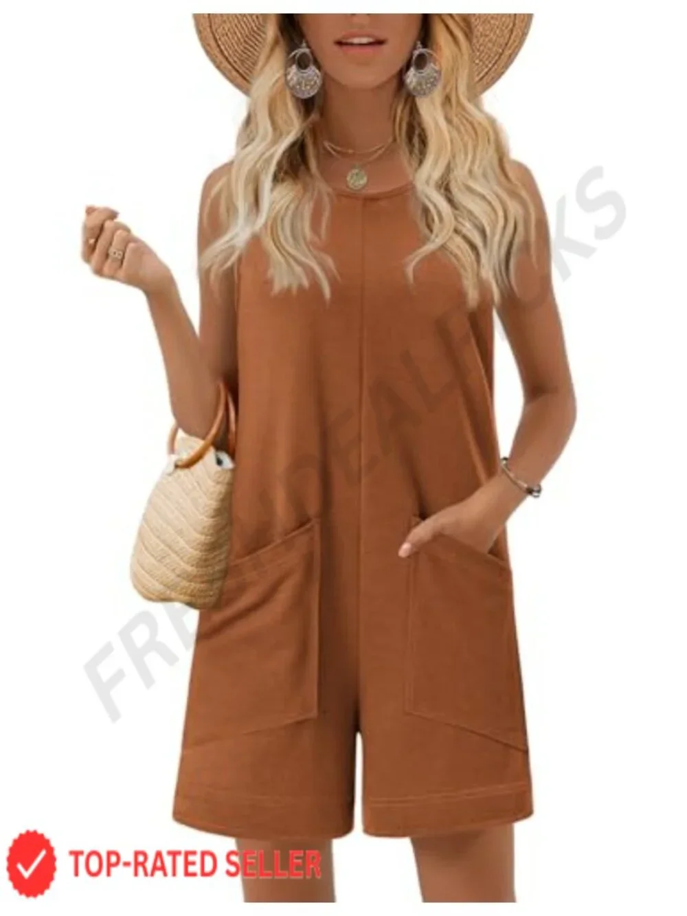 Womens Sleeveless Romper Jumpsuit Casual Overall Shorts with Pocket Low Stretch